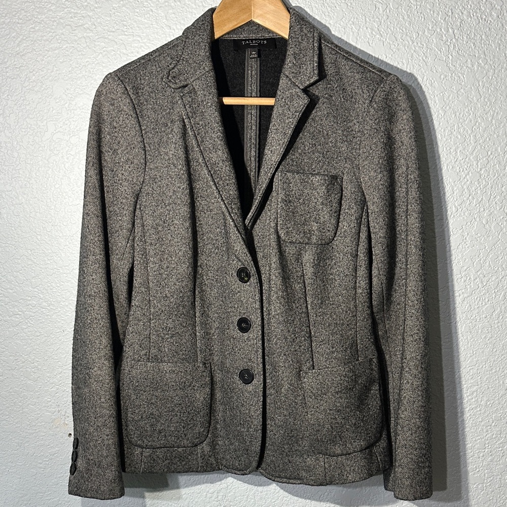 Talbots Women Wool Charcoal Blazer Petite Size 14